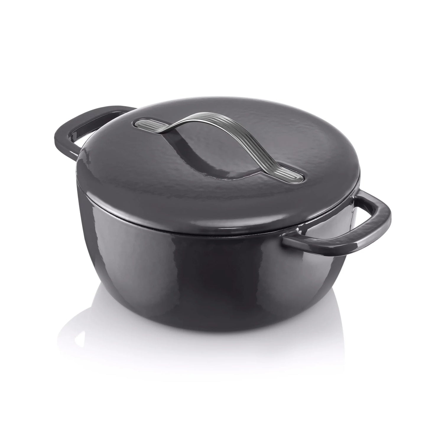 Black cast iron casserole dish with lid and handles on white background