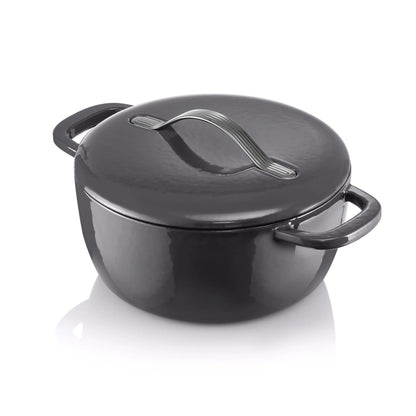 Black cast iron casserole dish with lid and handles on white background