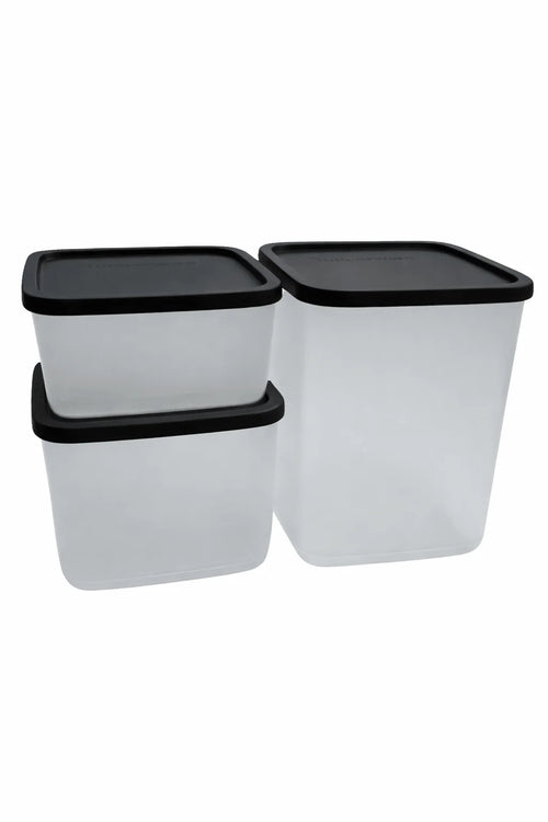Set of three transparent food storage containers with black lids, kitchen organization