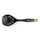 Black slotted spoon with ergonomic handle and yellow accent, ideal for kitchen draining tasks