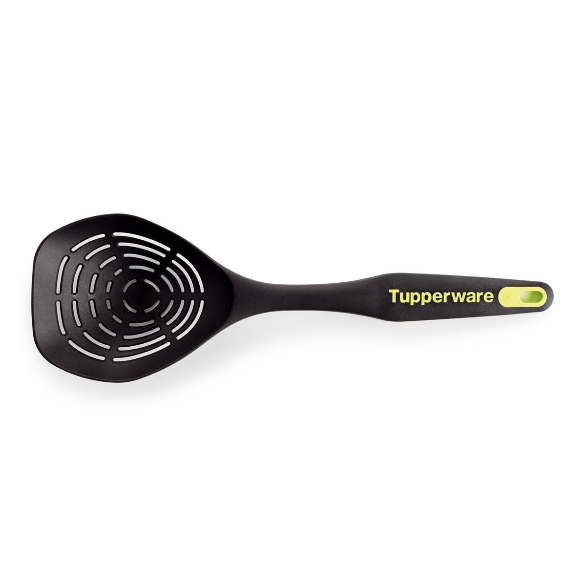 Black slotted spoon with ergonomic handle and yellow accent, ideal for kitchen draining tasks