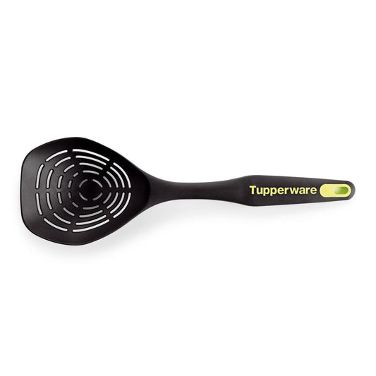 Black slotted spoon with ergonomic handle and yellow accent, ideal for kitchen draining tasks