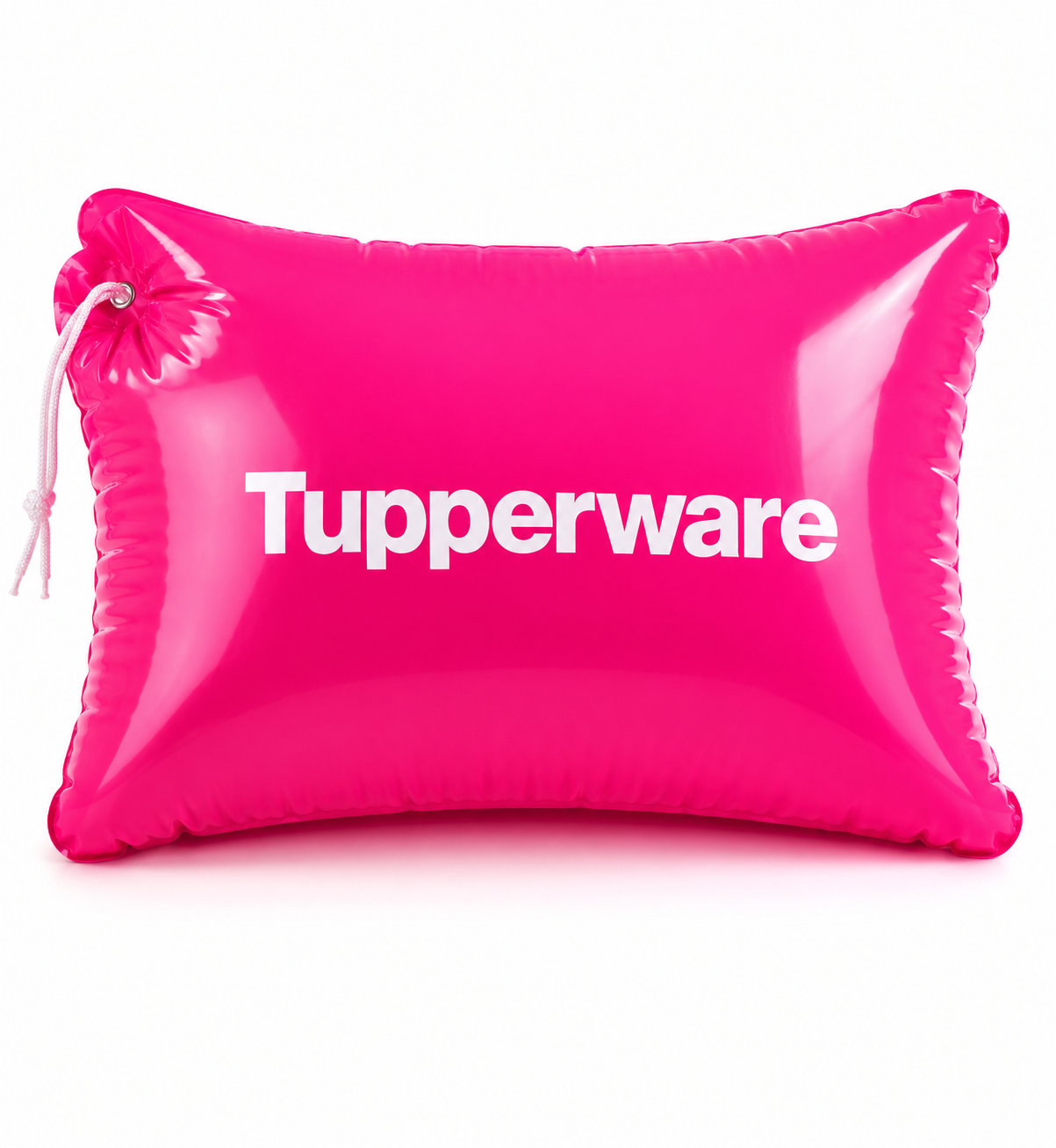 Roze opblaasbaar kussen met Tupperware-logo, perfect voor feestjes of als decoratie