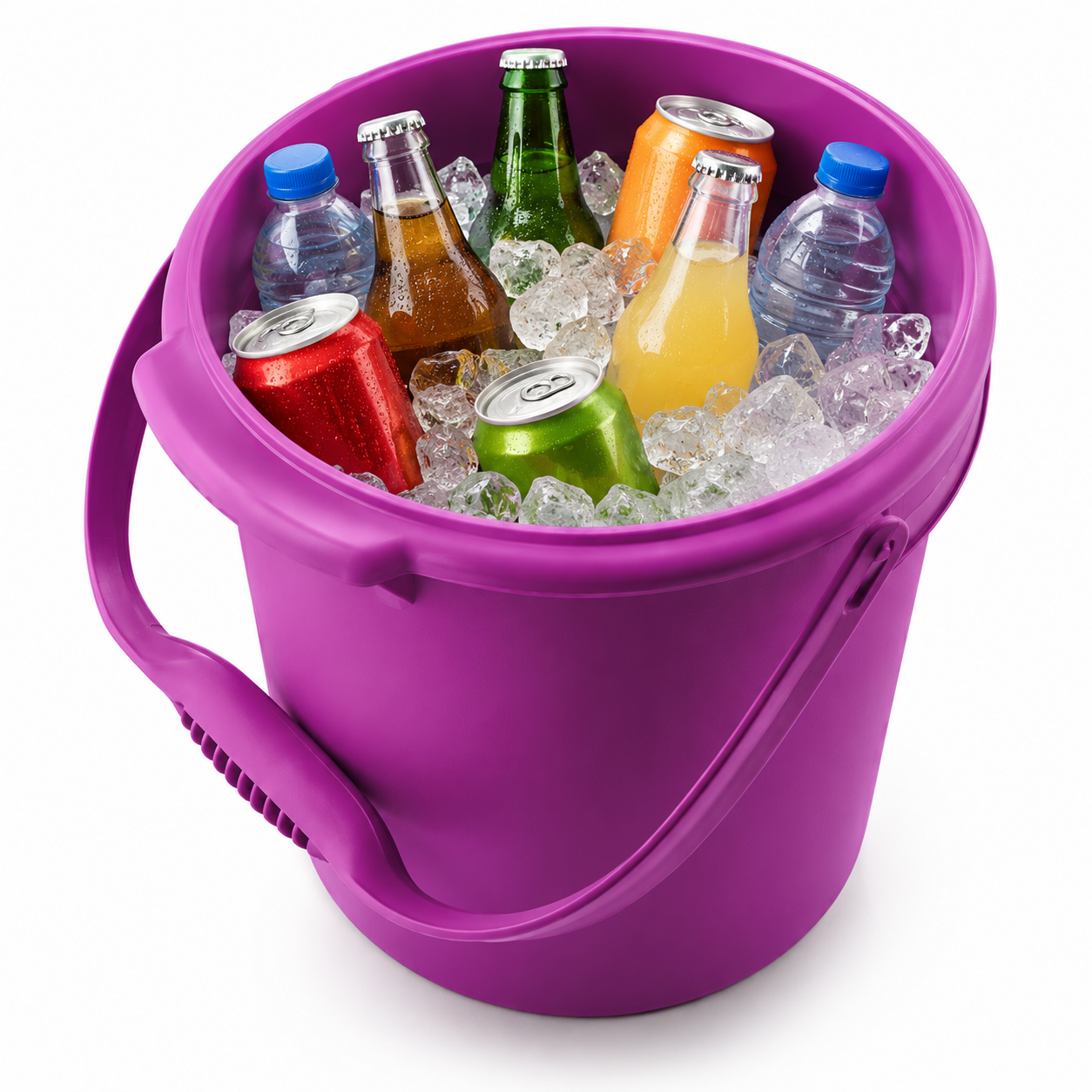 Paarse ijs-emmer met flessen en blikjes in ijsblokjes, perfect voor feesten en BBQ's