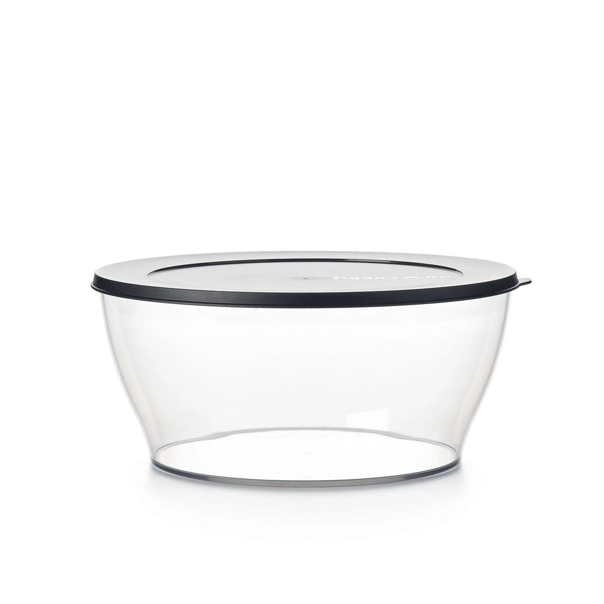 Clear plastic salad bowl with black lid, eco-friendly kitchen storage container