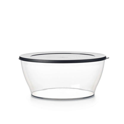 Clear plastic salad bowl with black lid, eco-friendly kitchen storage container
