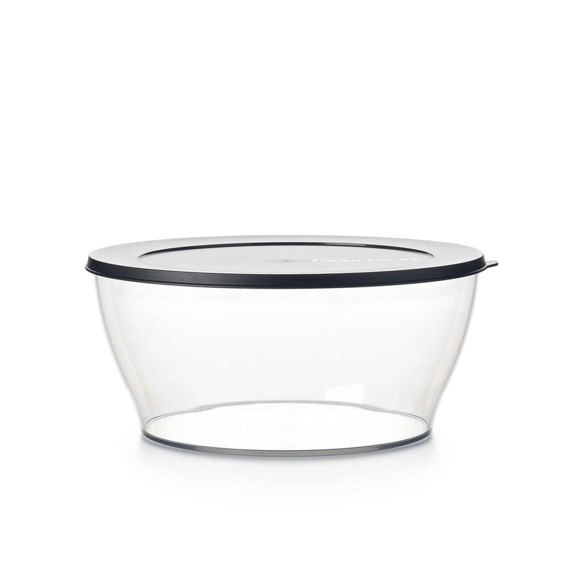 Clear plastic salad bowl with black lid, eco-friendly kitchen storage container