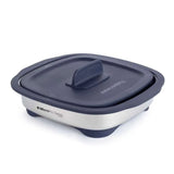 Square microwave safe cooking container with dark blue lid and handle, stainless steel base