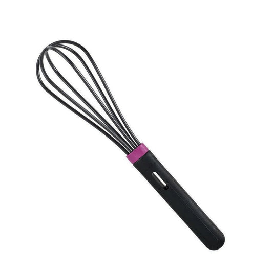 Black silicone kitchen whisk with purple accent, isolated on white background