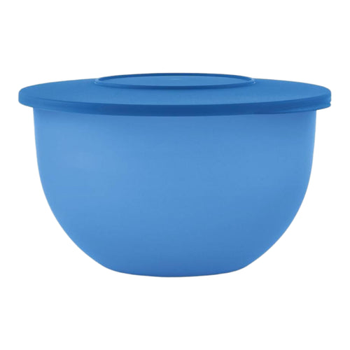 Blue plastic mixing bowl with matching lid, ideal for kitchen food storage or meal prep