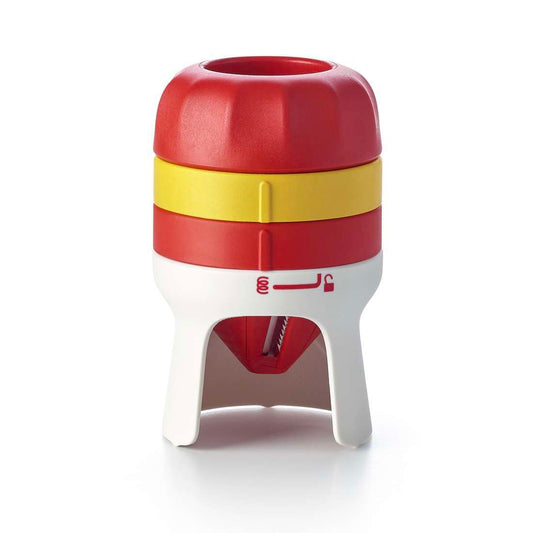 Colorful multifunctional kitchen tool with red, yellow, and white parts on a white background