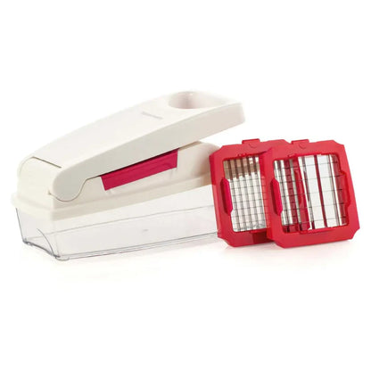 Vegetable chopper with white lid, clear container, and two red interchangeable blade grids