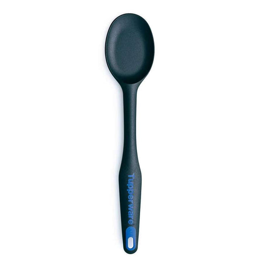 Black kitchen spoon with ergonomic handle and blue accent, ideal for cooking and serving