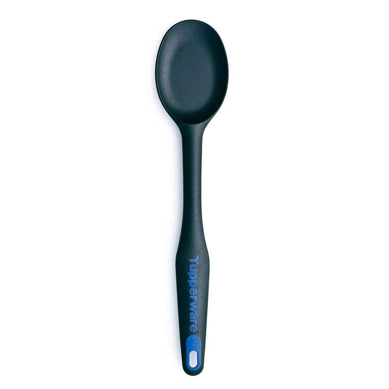 Black kitchen spoon with ergonomic handle and blue accent, ideal for cooking and serving