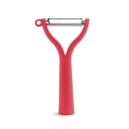 Rode Y-vormige schilmes met roestvrijstalen blad, ideaal voor groenten en fruit in de keuken