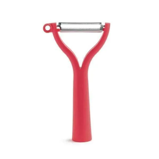 Rode Y-vormige schilmes met roestvrijstalen blad, ideaal voor groenten en fruit in de keuken