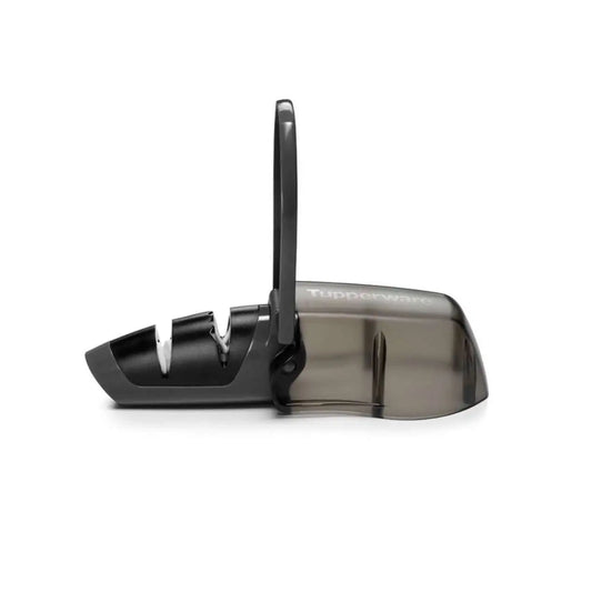 Black manual kitchen knife sharpener with safety handle on white background