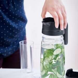 Hand houdt waterfles met komkommer en munt, perfect voor frisse dranken in de keuken