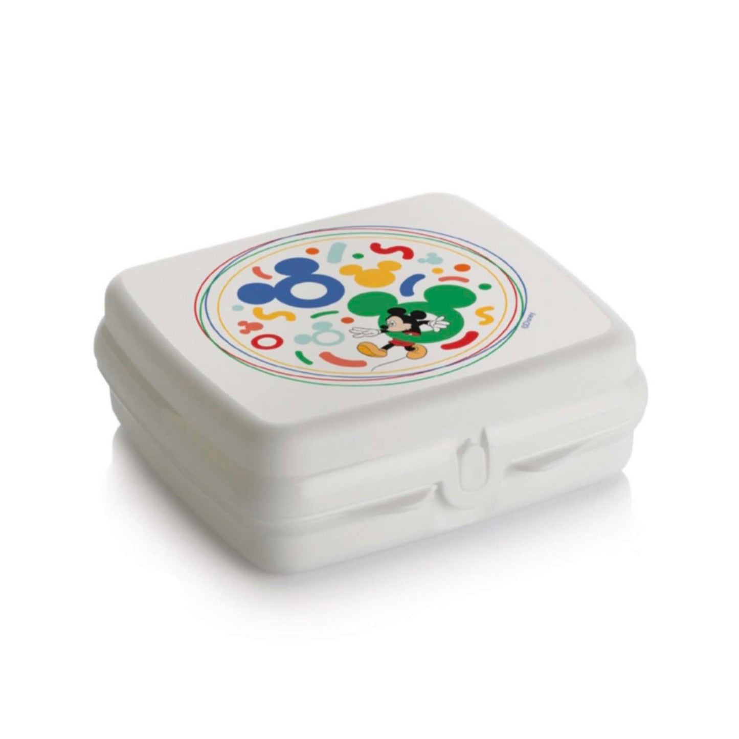 White lunchbox with colorful Mickey Mouse design on lid, kids kitchen accessory