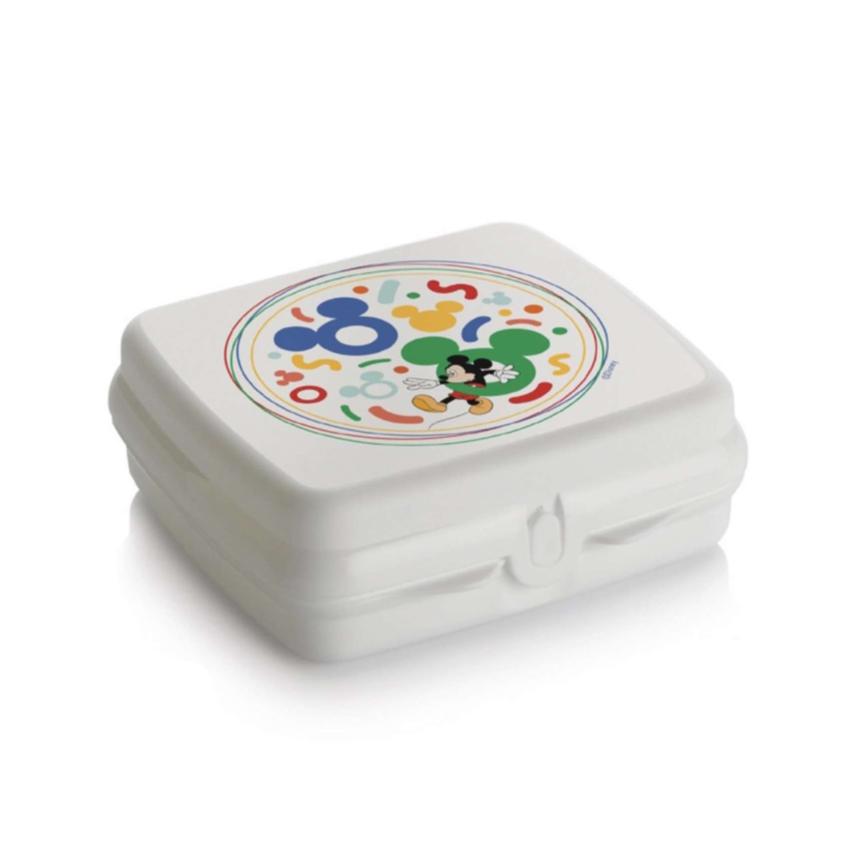 White lunchbox with colorful Mickey Mouse design on lid, kids kitchen accessory
