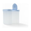 Double plastic kitchen storage container with blue lid and flip-top pouring spout, isolated on white