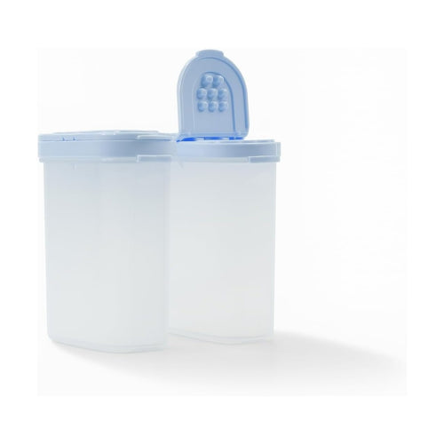 Double plastic kitchen storage container with blue lid and flip-top pouring spout, isolated on white