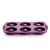 Purple silicone donut mold with six round cavities, kitchen baking tool.