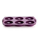 Purple silicone donut mold with six round cavities, kitchen baking tool.