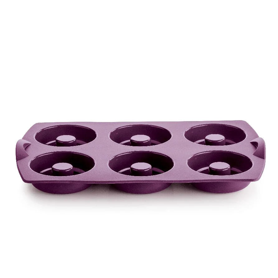 Purple silicone donut mold with six round cavities, kitchen baking tool.