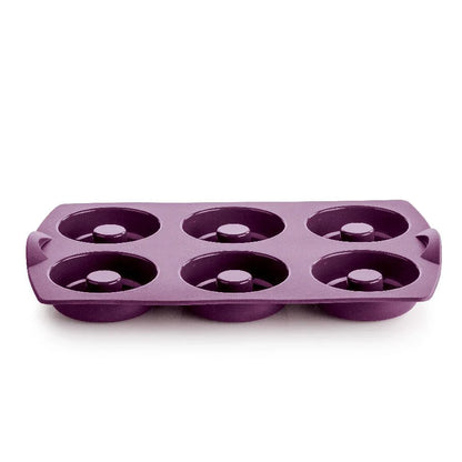 Purple silicone donut mold with six round cavities, kitchen baking tool.