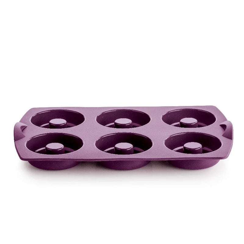 Purple silicone donut mold with six round cavities, kitchen baking tool.