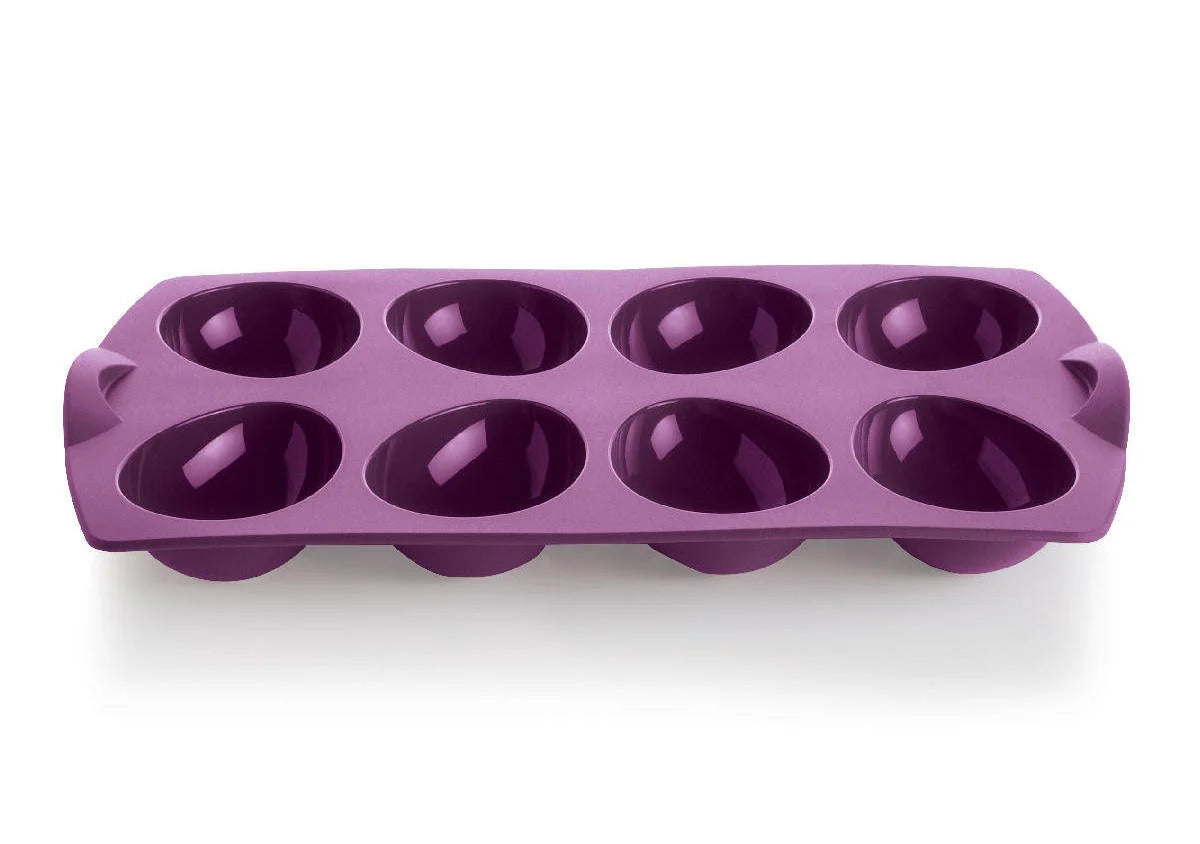 Purple silicone egg mold tray with eight oval cavities for baking or cooking eggs