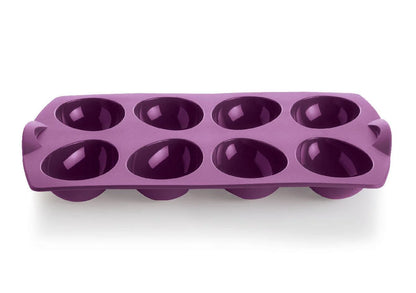 Purple silicone egg mold tray with eight oval cavities for baking or cooking eggs