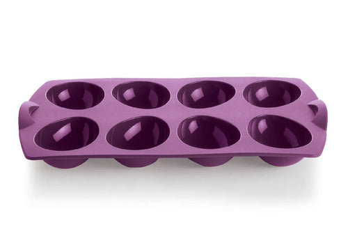 Purple silicone egg mold tray with eight oval cavities for baking or cooking eggs