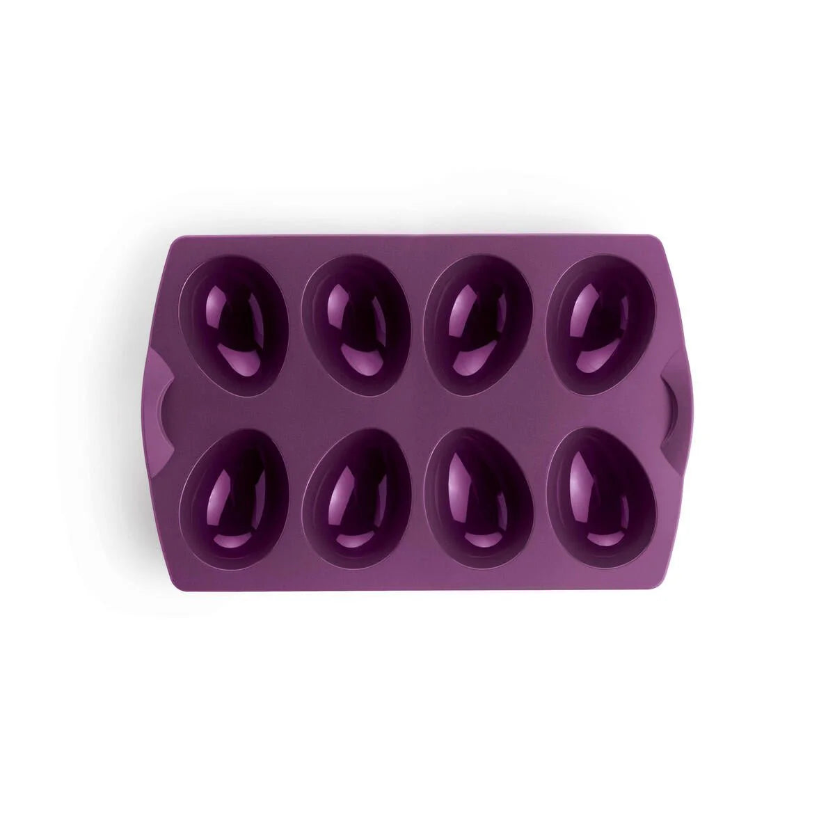 Purple silicone egg mold tray with eight oval cavities for baking or chocolate making