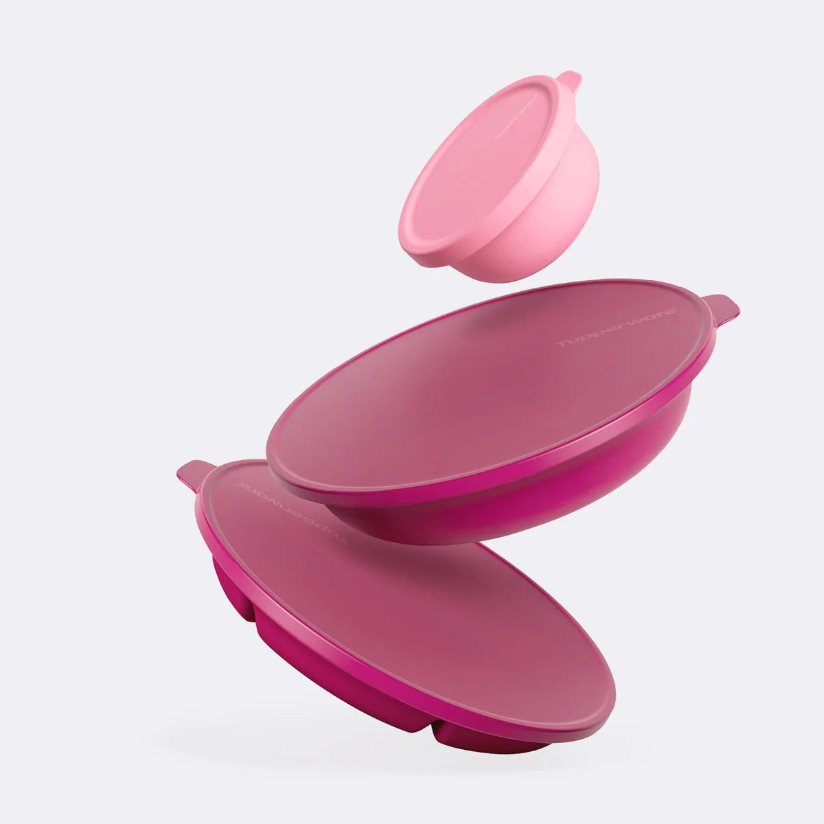 Roze Tupperware opbergdozen met deksels, ideaal voor keukenorganisatie en voedselopslag