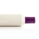 Close-up of a white rolling pin with a purple handle, kitchen tool on white background