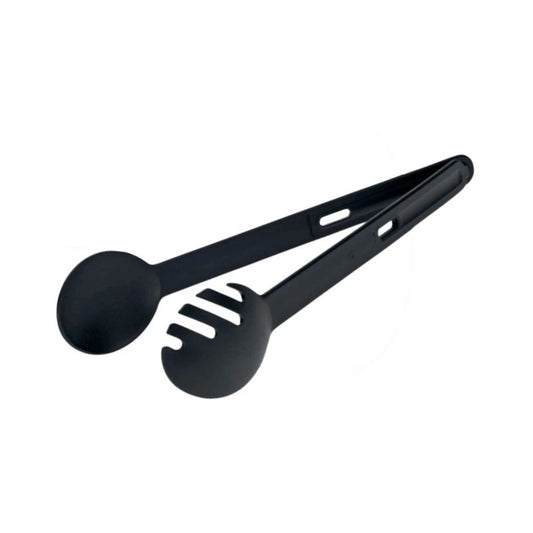 Black nylon pasta tongs with slotted spoon and solid spoon ends on white background