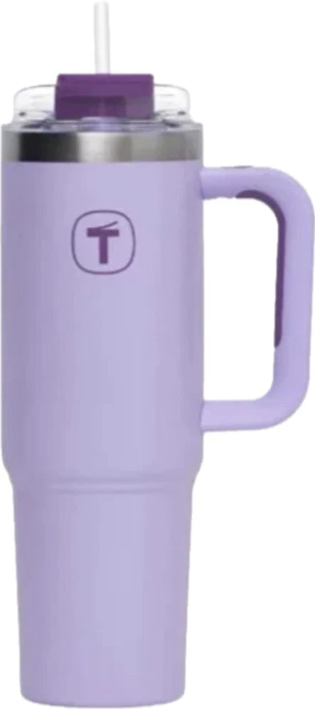 Purple insulated travel mug with handle, lid, and straw