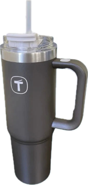Stainless steel travel mug with handle, lid, and straw, insulated drinkware