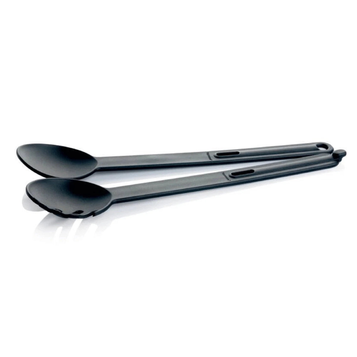 Black plastic salad tongs kitchen utensil on white background