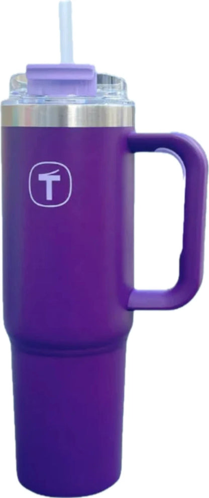 Purple insulated travel mug with handle, plastic lid, and straw on white background