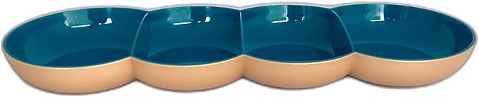 Ceramic four-section appetizer serving dish with beige exterior and blue interior