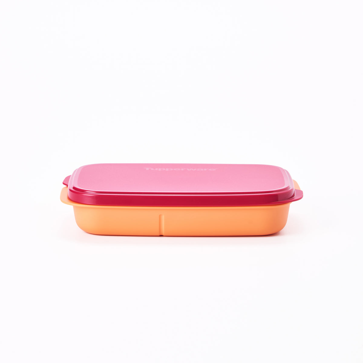 Tupperware Bento Lunch Box with an orange base and a pink lid against a white background.
