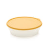 Round plastic food storage container with yellow lid, kitchen organizing accessory