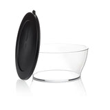 Clear plastic kitchen storage bowl with black lid, perfect for food organization