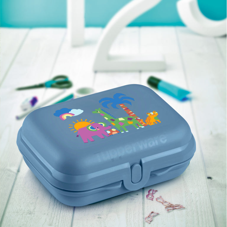 Blue Tupperware Eco+ Smartclip Medium lunch box with colorful animal illustrations.
