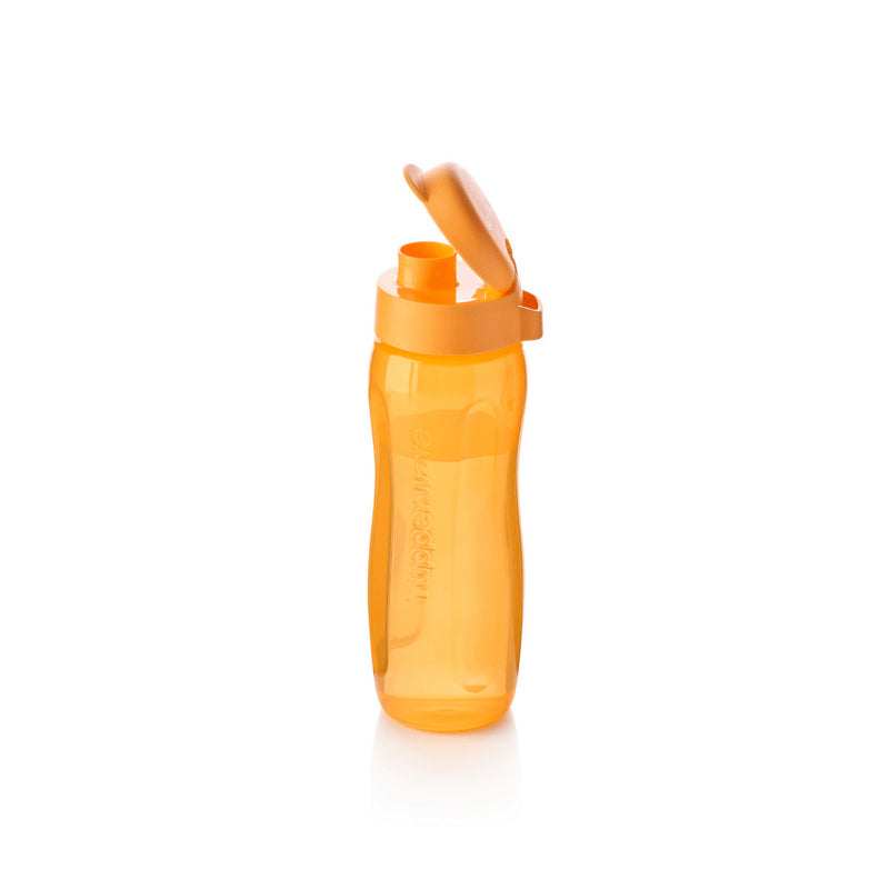 Orange Tupperware EcoFles Plus Slim 500 ml water bottle with open flip-top lid