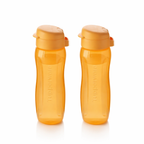 Two orange Tupperware EcoFles Plus Slim 500 ml water bottles on a white background.