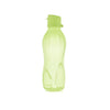 Reusable green plastic water bottle with flip cap, kitchen tool on white background